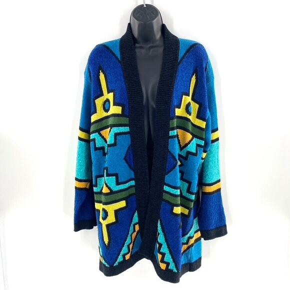 Vintage Sz M Geometric Print Stained Glass Duster Cardigan Sweater Silk Cotton M - Picture 1 of 10